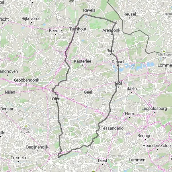 Miniatuurkaart van de fietsinspiratie "Wegenroute van Langdorp naar Turnhout" in Prov. Vlaams-Brabant, Belgium. Gemaakt door de Tarmacs.app fietsrouteplanner
