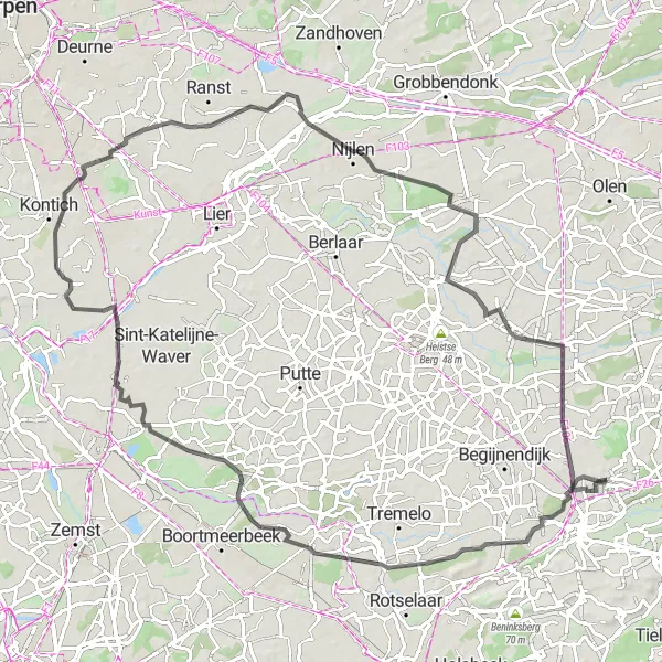 Miniatuurkaart van de fietsinspiratie "Wegenroute van Langdorp naar Witte Molen" in Prov. Vlaams-Brabant, Belgium. Gemaakt door de Tarmacs.app fietsrouteplanner