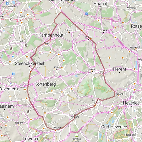 Karten-Miniaturansicht der Radinspiration "Gravelroute von Leefdaal nach Steenokkerzeel und Winksele" in Prov. Vlaams-Brabant, Belgium. Erstellt vom Tarmacs.app-Routenplaner für Radtouren