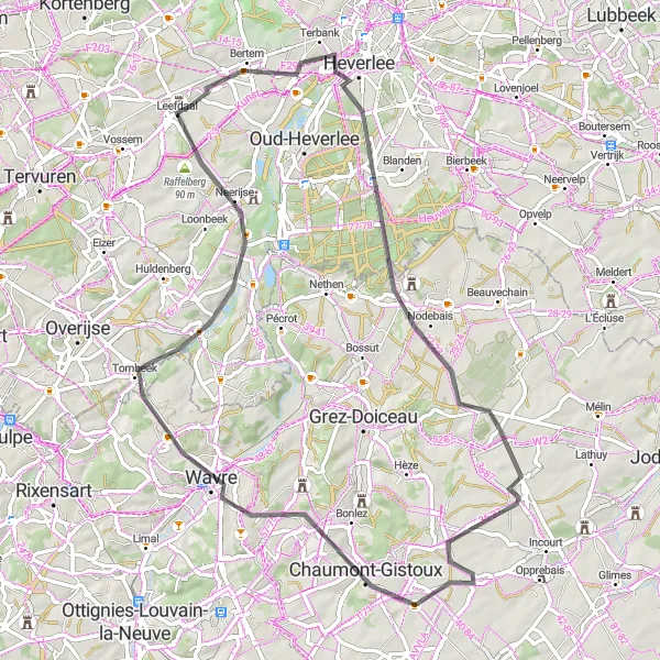 Map miniature of "Hidden Gems of Wallonia" cycling inspiration in Prov. Vlaams-Brabant, Belgium. Generated by Tarmacs.app cycling route planner