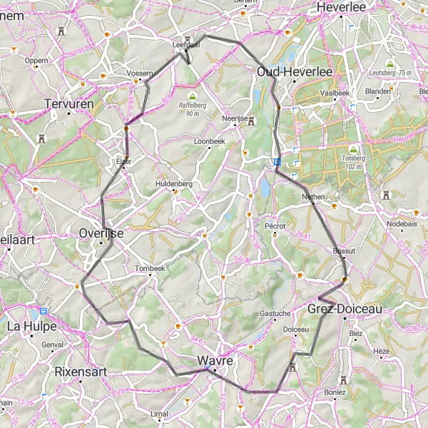 Map miniature of "Road Cycling Adventure to Vossem" cycling inspiration in Prov. Vlaams-Brabant, Belgium. Generated by Tarmacs.app cycling route planner