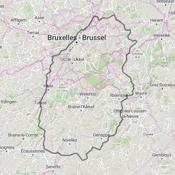 Map miniature of "Epic Halle and Kortenberg Loop" cycling inspiration in Prov. Vlaams-Brabant, Belgium. Generated by Tarmacs.app cycling route planner