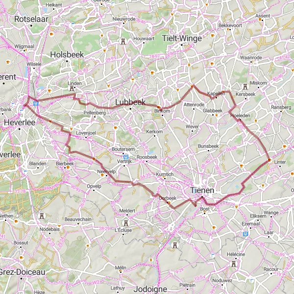 Map miniature of "Leuven Gravel Adventure" cycling inspiration in Prov. Vlaams-Brabant, Belgium. Generated by Tarmacs.app cycling route planner