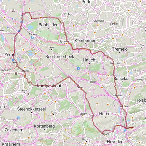 Map miniature of "Leuven Off-Road Adventure" cycling inspiration in Prov. Vlaams-Brabant, Belgium. Generated by Tarmacs.app cycling route planner