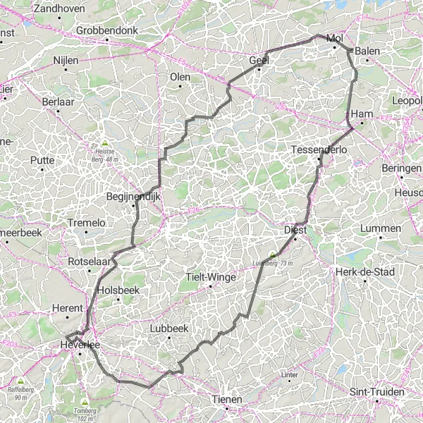 Map miniature of "Leuven Countryside Road Loop" cycling inspiration in Prov. Vlaams-Brabant, Belgium. Generated by Tarmacs.app cycling route planner