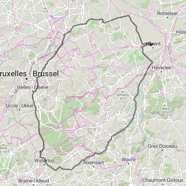 Map miniature of "Leuven Hilly Road Adventure" cycling inspiration in Prov. Vlaams-Brabant, Belgium. Generated by Tarmacs.app cycling route planner