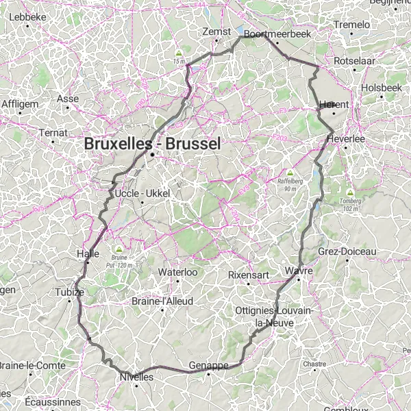 Miniature de la carte de l'inspiration cycliste "Le Tour des Vallées Brabançonnes" dans la Prov. Vlaams-Brabant, Belgium. Générée par le planificateur d'itinéraire cycliste Tarmacs.app