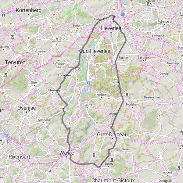 Miniatuurkaart van de fietsinspiratie "Tocht langs Biez en Loonbeek" in Prov. Vlaams-Brabant, Belgium. Gemaakt door de Tarmacs.app fietsrouteplanner