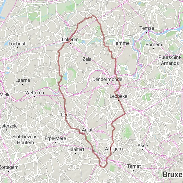 Map miniature of "Liedekerke - Enchanting Gravel Cycling Route" cycling inspiration in Prov. Vlaams-Brabant, Belgium. Generated by Tarmacs.app cycling route planner