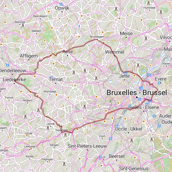 Karten-Miniaturansicht der Radinspiration "Gravelroute über 63 km in der Nähe von Liedekerke" in Prov. Vlaams-Brabant, Belgium. Erstellt vom Tarmacs.app-Routenplaner für Radtouren