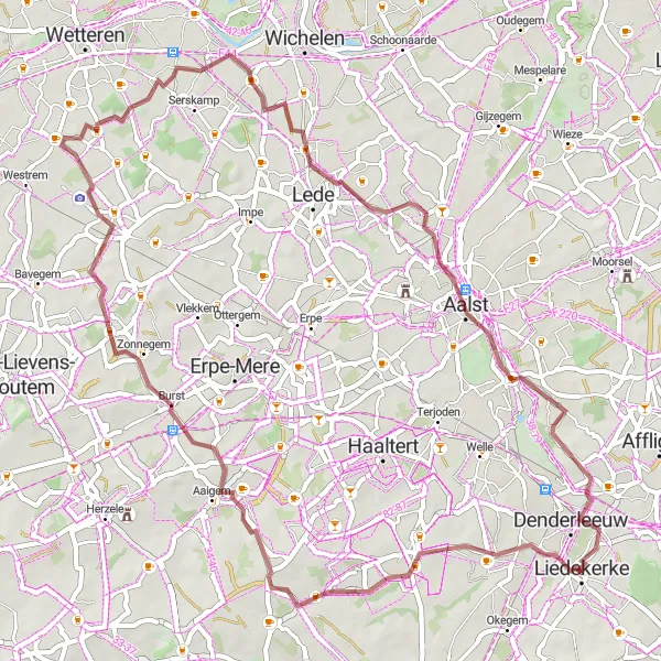 Karten-Miniaturansicht der Radinspiration "Gravel Tour durch Denderhoutem und Aalst" in Prov. Vlaams-Brabant, Belgium. Erstellt vom Tarmacs.app-Routenplaner für Radtouren