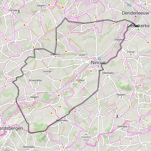 Miniature de la carte de l'inspiration cycliste "Aventure à travers les collines de Geraardsbergen" dans la Prov. Vlaams-Brabant, Belgium. Générée par le planificateur d'itinéraire cycliste Tarmacs.app