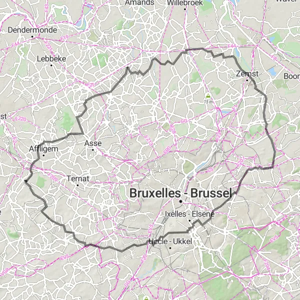 Miniature de la carte de l'inspiration cycliste "Les Châteaux du Brabant" dans la Prov. Vlaams-Brabant, Belgium. Générée par le planificateur d'itinéraire cycliste Tarmacs.app