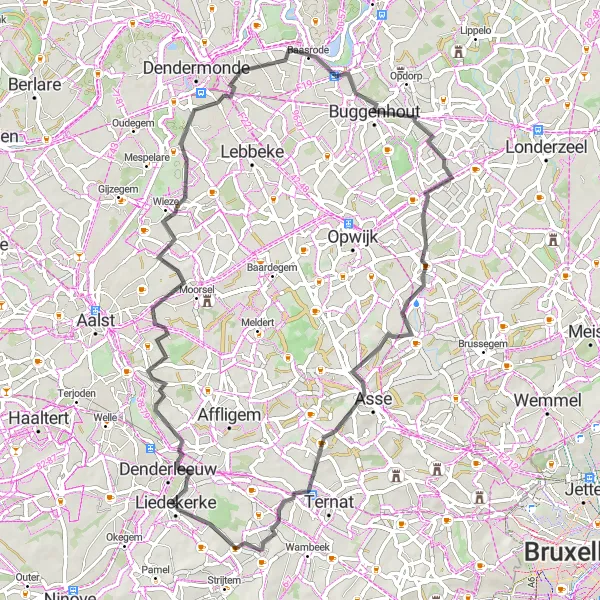 Map miniature of "The Loop of Liedekerke" cycling inspiration in Prov. Vlaams-Brabant, Belgium. Generated by Tarmacs.app cycling route planner