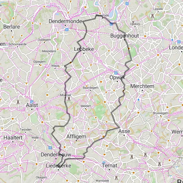 Karten-Miniaturansicht der Radinspiration "Rundfahrt über 56 km in der Nähe von Liedekerke" in Prov. Vlaams-Brabant, Belgium. Erstellt vom Tarmacs.app-Routenplaner für Radtouren