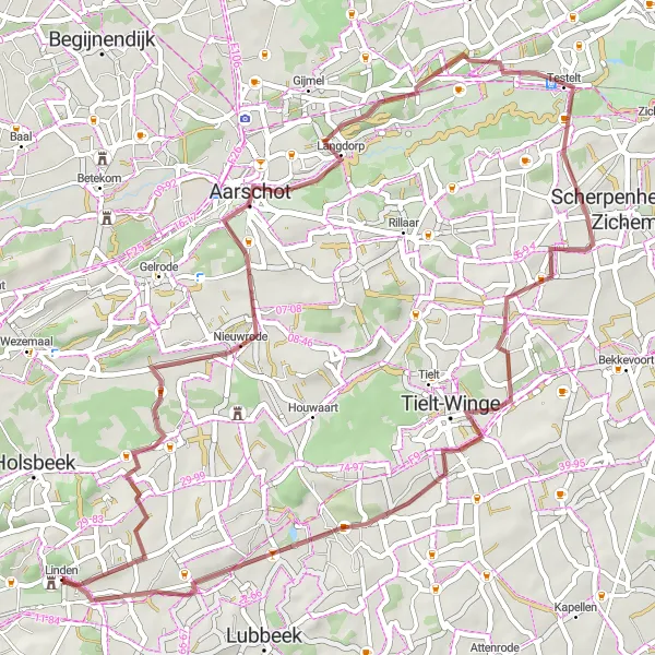 Miniatuurkaart van de fietsinspiratie "Linden - Sint-Joris-Winge - Aarschot" in Prov. Vlaams-Brabant, Belgium. Gemaakt door de Tarmacs.app fietsrouteplanner