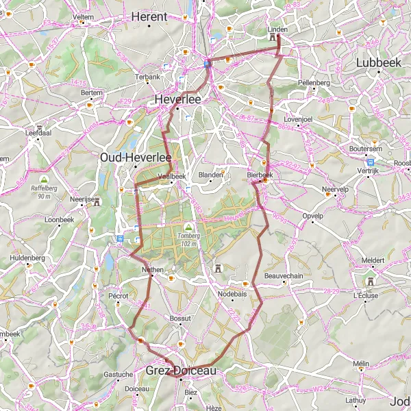 Miniatuurkaart van de fietsinspiratie "Gravelroute rond Linden" in Prov. Vlaams-Brabant, Belgium. Gemaakt door de Tarmacs.app fietsrouteplanner