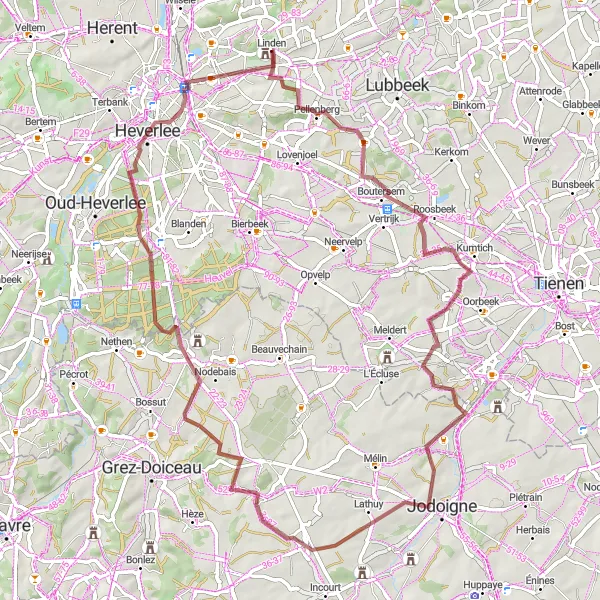 Miniatuurkaart van de fietsinspiratie "Linden - Jodoigne Gravelroute" in Prov. Vlaams-Brabant, Belgium. Gemaakt door de Tarmacs.app fietsrouteplanner