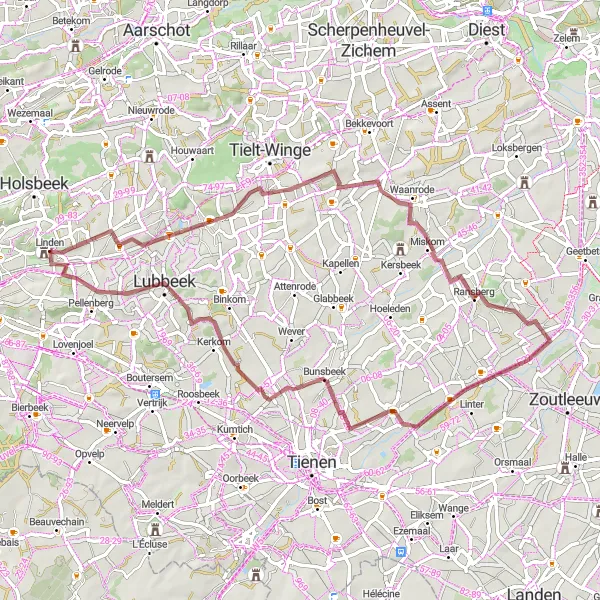 Miniatuurkaart van de fietsinspiratie "Linden - Lubbeek Gravelroute" in Prov. Vlaams-Brabant, Belgium. Gemaakt door de Tarmacs.app fietsrouteplanner