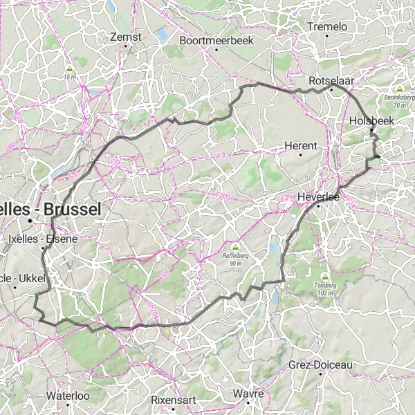 Miniature de la carte de l'inspiration cycliste "Tour de la Campagne Brabançonne" dans la Prov. Vlaams-Brabant, Belgium. Générée par le planificateur d'itinéraire cycliste Tarmacs.app
