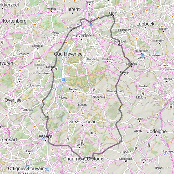 Miniature de la carte de l'inspiration cycliste "Escapade à la Campagne Luxuriante" dans la Prov. Vlaams-Brabant, Belgium. Générée par le planificateur d'itinéraire cycliste Tarmacs.app