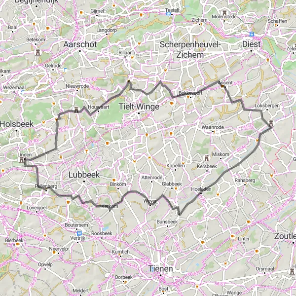 Miniatuurkaart van de fietsinspiratie "Linden - Kortenaken Route" in Prov. Vlaams-Brabant, Belgium. Gemaakt door de Tarmacs.app fietsrouteplanner