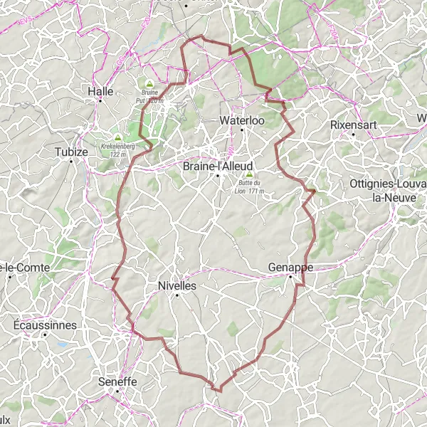 Miniatuurkaart van de fietsinspiratie "Gravelpad van Linkebeek naar Waaienberg" in Prov. Vlaams-Brabant, Belgium. Gemaakt door de Tarmacs.app fietsrouteplanner