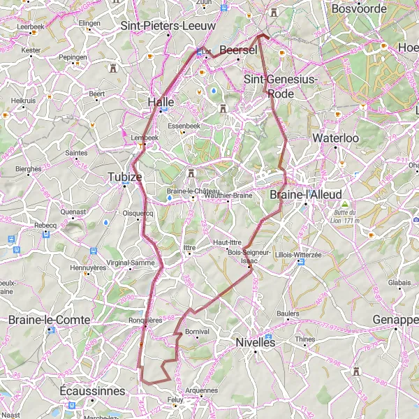 Map miniature of "Gravel Route 1: Brussels Skyline View - Beersel" cycling inspiration in Prov. Vlaams-Brabant, Belgium. Generated by Tarmacs.app cycling route planner