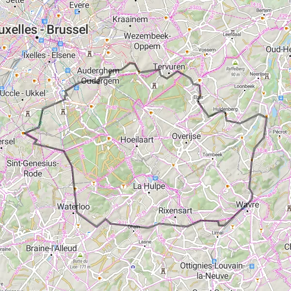 Map miniature of "Road Route 2: Linkebeek - Waterloo - Kasteel d'Oultremont" cycling inspiration in Prov. Vlaams-Brabant, Belgium. Generated by Tarmacs.app cycling route planner