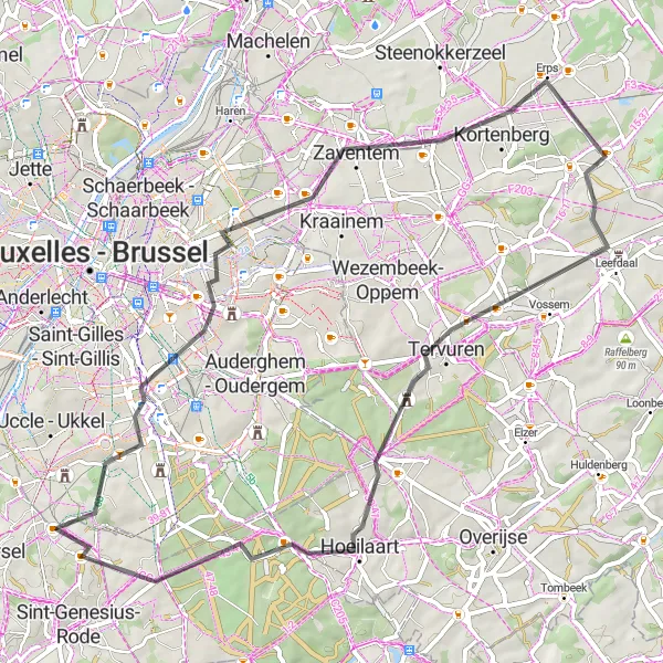 Map miniature of "Road Route 1: Linkebeek - Tervuren - Hoeilaart" cycling inspiration in Prov. Vlaams-Brabant, Belgium. Generated by Tarmacs.app cycling route planner