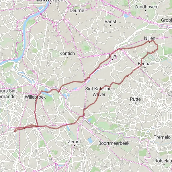 Map miniature of "Cycling Route near Londerzeel - Gravel" cycling inspiration in Prov. Vlaams-Brabant, Belgium. Generated by Tarmacs.app cycling route planner