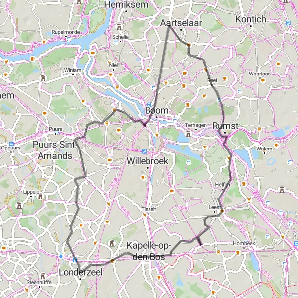 Karten-Miniaturansicht der Radinspiration "Straßenroute von Londerzeel nach Kalfort" in Prov. Vlaams-Brabant, Belgium. Erstellt vom Tarmacs.app-Routenplaner für Radtouren