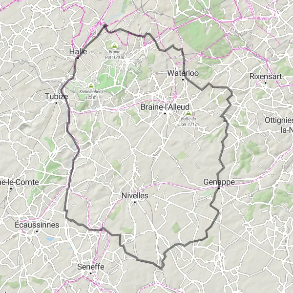 Miniatuurkaart van de fietsinspiratie "Wegroute door Zuid-Brabantse landschappen" in Prov. Vlaams-Brabant, Belgium. Gemaakt door de Tarmacs.app fietsrouteplanner