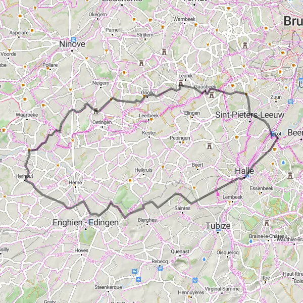 Karten-Miniaturansicht der Radinspiration "Rundfahrt durch Halle und Umgebung" in Prov. Vlaams-Brabant, Belgium. Erstellt vom Tarmacs.app-Routenplaner für Radtouren