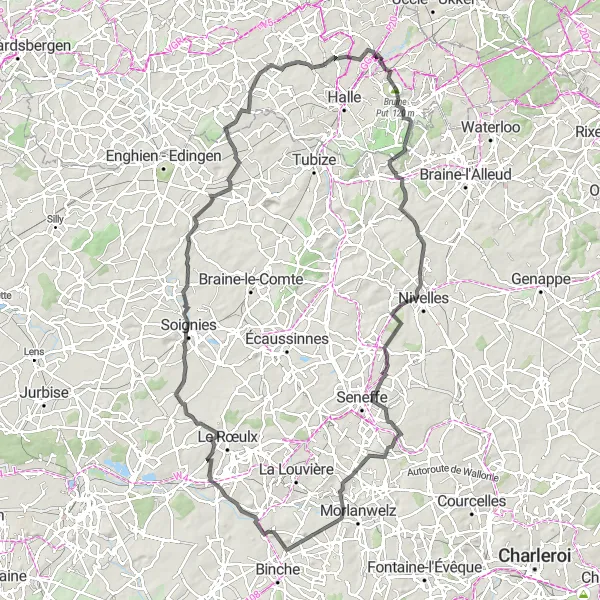 Miniature de la carte de l'inspiration cycliste "Tour des Châteaux de la Région" dans la Prov. Vlaams-Brabant, Belgium. Générée par le planificateur d'itinéraire cycliste Tarmacs.app