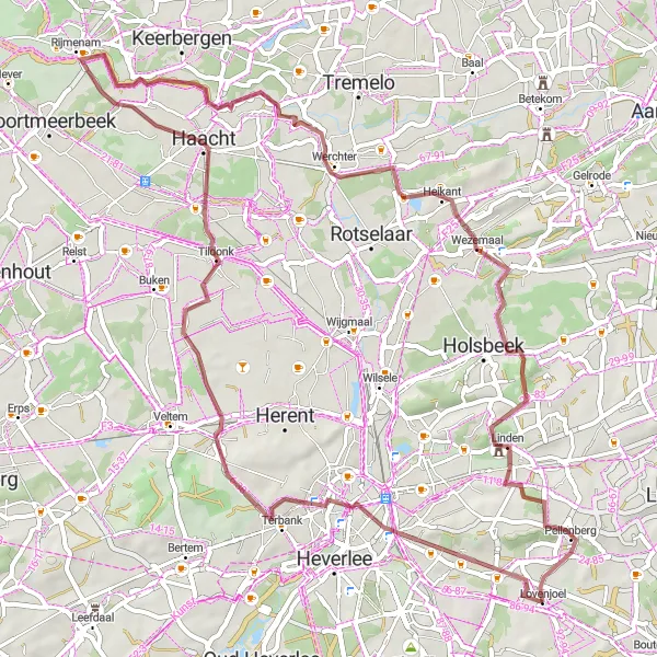 Map miniature of "Gravel Adventure: 61km around Lovenjoel" cycling inspiration in Prov. Vlaams-Brabant, Belgium. Generated by Tarmacs.app cycling route planner