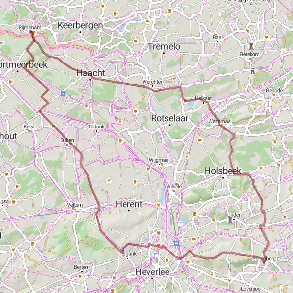 Map miniature of "The Gravel Treasures of Lovenjoel" cycling inspiration in Prov. Vlaams-Brabant, Belgium. Generated by Tarmacs.app cycling route planner