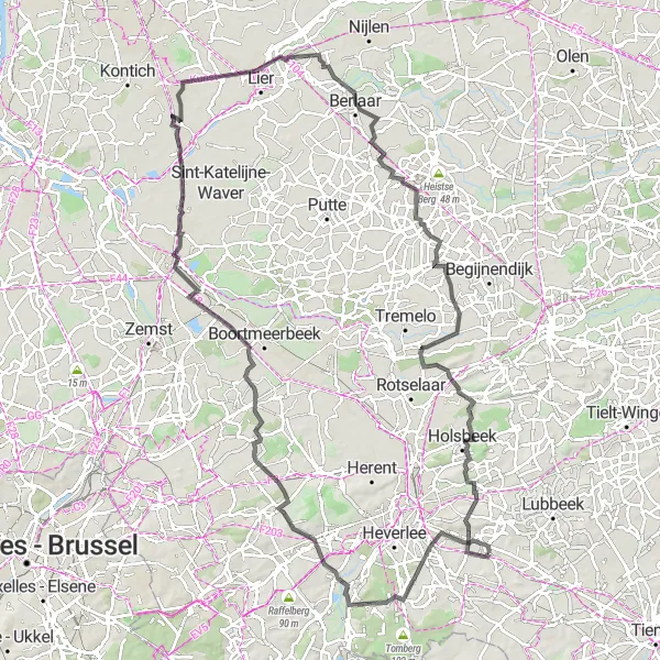 Map miniature of "Around Lovenjoel: 115km Road Cycling" cycling inspiration in Prov. Vlaams-Brabant, Belgium. Generated by Tarmacs.app cycling route planner