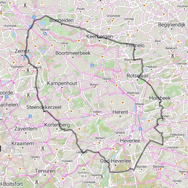 Map miniature of "The Road to Beautiful Landscapes" cycling inspiration in Prov. Vlaams-Brabant, Belgium. Generated by Tarmacs.app cycling route planner