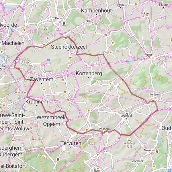 Miniatuurkaart van de fietsinspiratie "Gravelroute van Machelen naar Erps-Kwerps en terug" in Prov. Vlaams-Brabant, Belgium. Gemaakt door de Tarmacs.app fietsrouteplanner