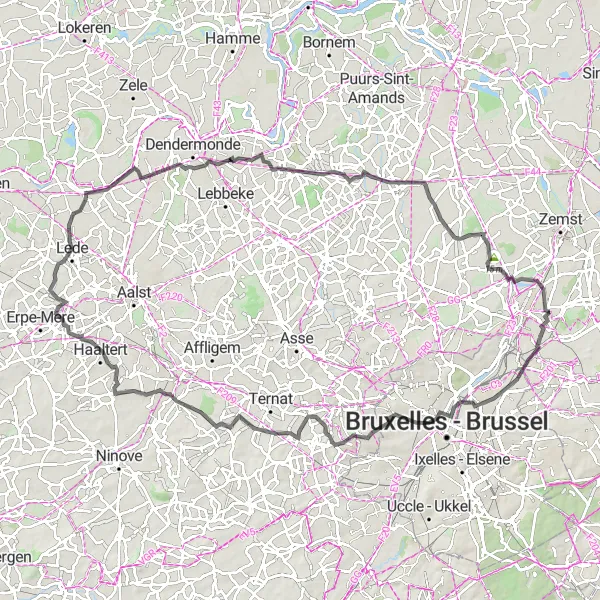 Map miniature of "Historical Road Journey" cycling inspiration in Prov. Vlaams-Brabant, Belgium. Generated by Tarmacs.app cycling route planner