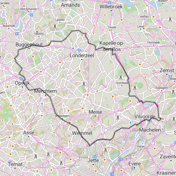 Map miniature of "Machelen - Het Voor Loopcircuit" cycling inspiration in Prov. Vlaams-Brabant, Belgium. Generated by Tarmacs.app cycling route planner