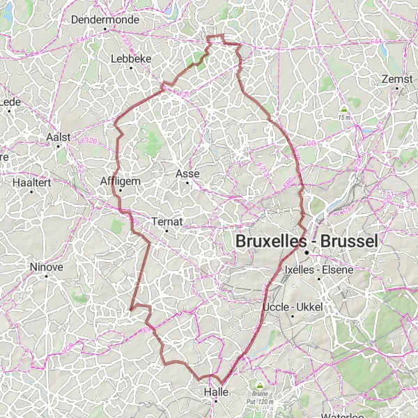 Map miniature of "Flemish Gravel Paradise" cycling inspiration in Prov. Vlaams-Brabant, Belgium. Generated by Tarmacs.app cycling route planner