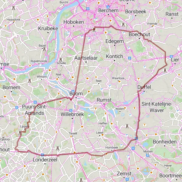 Miniature de la carte de l'inspiration cycliste "Parcours de cyclisme tout-terrain via Puurs-Sint-Amands, Kasteel Steytelink, Duffel, Mechelen, Sint-Romboutstoren, Kasteel Drie Torens" dans la Prov. Vlaams-Brabant, Belgium. Générée par le planificateur d'itinéraire cycliste Tarmacs.app