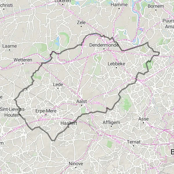 Miniature de la carte de l'inspiration cycliste "Tour des Châteaux flamands" dans la Prov. Vlaams-Brabant, Belgium. Générée par le planificateur d'itinéraire cycliste Tarmacs.app