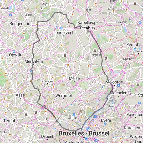 Map miniature of "Exploring the countryside of Sint-Jozef and Zellik" cycling inspiration in Prov. Vlaams-Brabant, Belgium. Generated by Tarmacs.app cycling route planner