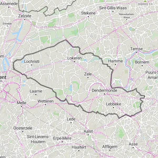 Karten-Miniaturansicht der Radinspiration "Entdeckungstour durch Schellebelle und Ruiter" in Prov. Vlaams-Brabant, Belgium. Erstellt vom Tarmacs.app-Routenplaner für Radtouren