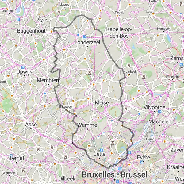 Karten-Miniaturansicht der Radinspiration "Abenteuerliche Fahrt nach Relegem und Bosbeek" in Prov. Vlaams-Brabant, Belgium. Erstellt vom Tarmacs.app-Routenplaner für Radtouren