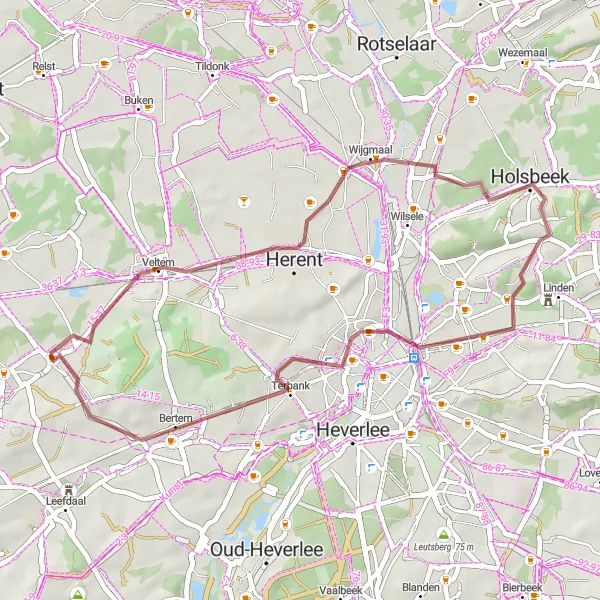 Miniatuurkaart van de fietsinspiratie "Gravelroute rond Meerbeek" in Prov. Vlaams-Brabant, Belgium. Gemaakt door de Tarmacs.app fietsrouteplanner