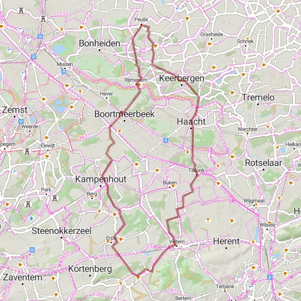 Karten-Miniaturansicht der Radinspiration "Gravelrunde ab Meerbeek erkunden" in Prov. Vlaams-Brabant, Belgium. Erstellt vom Tarmacs.app-Routenplaner für Radtouren